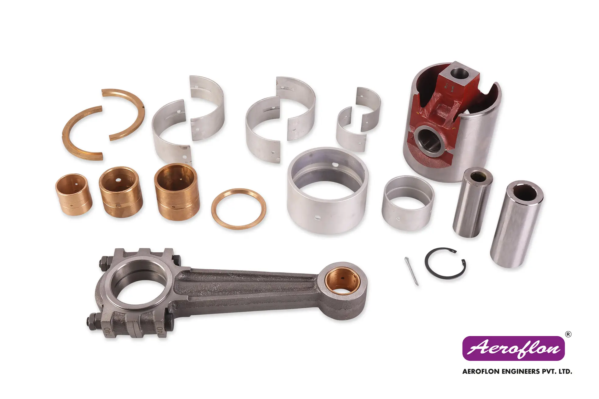 Connecting rod, Cross Head, Cross Head Pin, Piston Pin, Crank Pin Bush, Circlip Slip Pin, Main Bearing, Small End Bush, Big End Bearing - Ingersoll Rand, Kirloskar, Atlas Copco, Chicago Pneumatics, KG Khosla, ELGI.