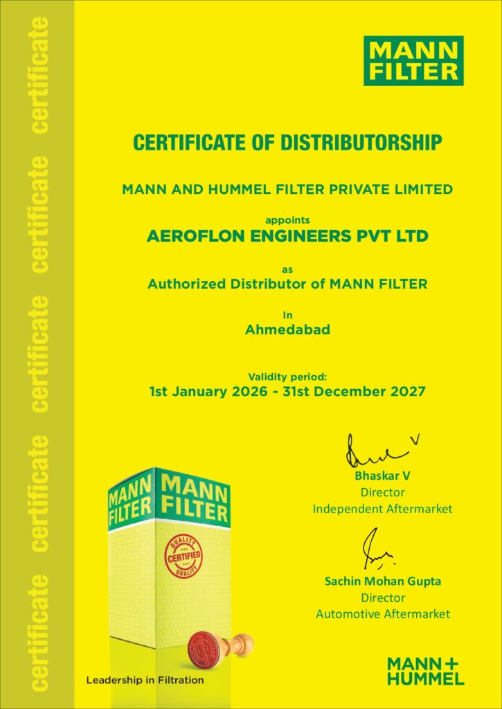 Mann Filter certificate of distributorship appointing Aeroflon Engineers Pvt Ltd as authorized distributor in Ahmedabad